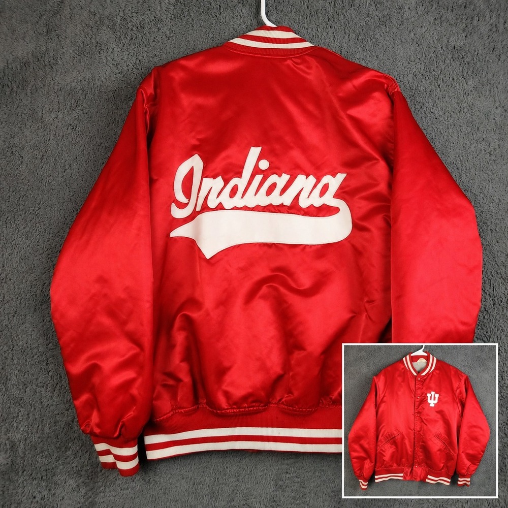 Vintage Indiana Hoosiers Jacket Mens Large Red Satin Bomber Fleece Lined 80s USA